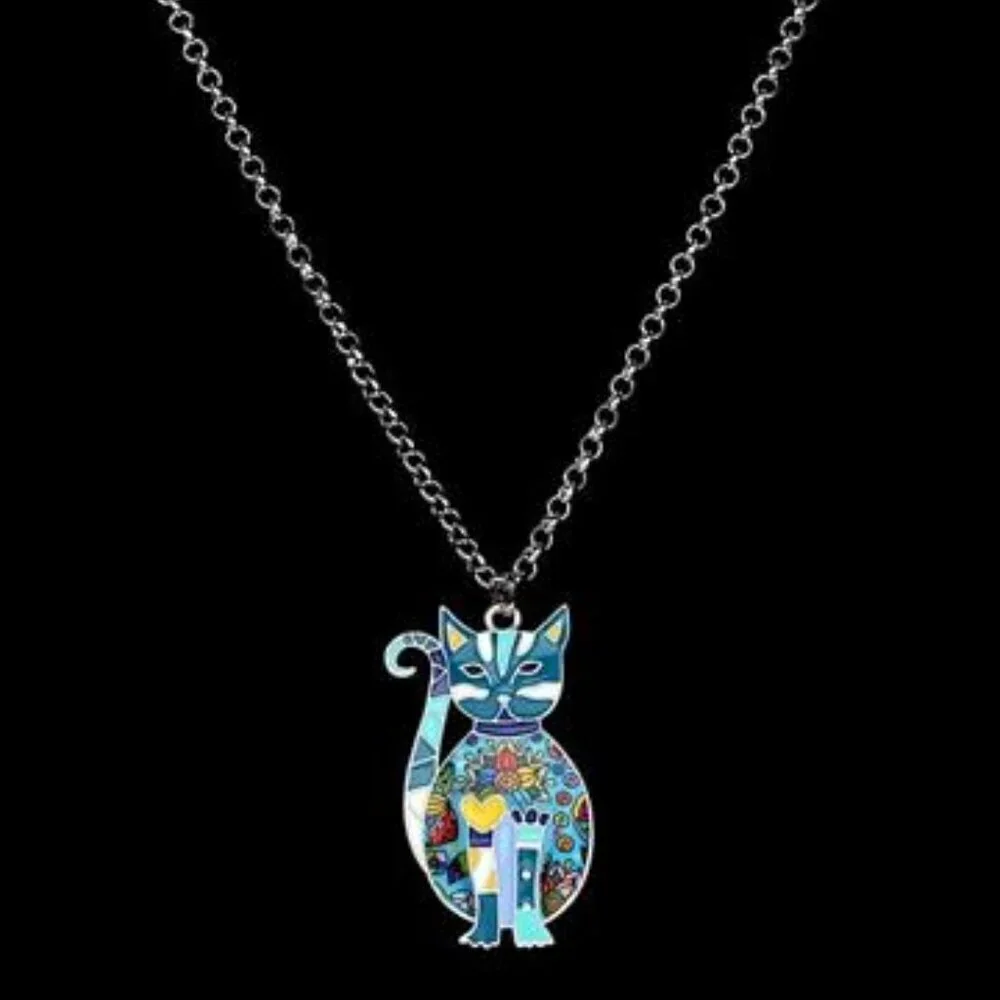 Blue Cat Necklace Enamel Kitten Pendant on Alloy Chain Jewelry for Cat Lovers